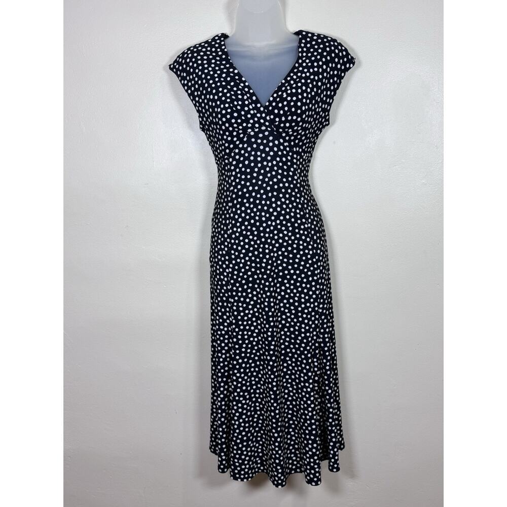 Jones Wear Womens Midi Dress Polka Dot 8 Cap Sleeve Stretch Classic Preppy